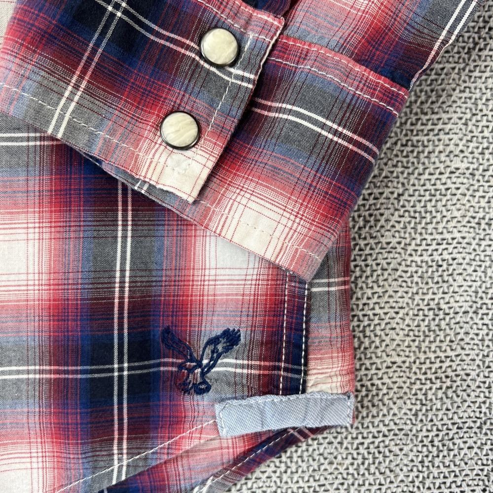 American Eagle XXL Vintage Fit Plaid Western Shirt Men Pearl Snap Long Sleeves - Picture 4 of 8